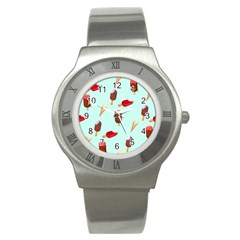 Ice Cream Pattern, Light Blue Background Stainless Steel Watch