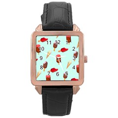 Ice Cream Pattern, Light Blue Background Rose Gold Leather Watch  by Casemiro