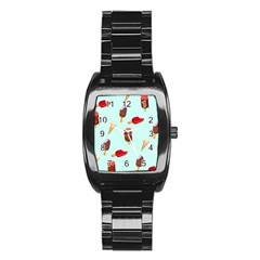 Ice Cream Pattern, Light Blue Background Stainless Steel Barrel Watch