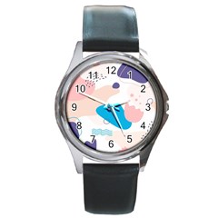 Hand Drawn Abstract Organic Shapes Background Round Metal Watch by Vaneshart