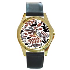 Shiny Leafs Round Gold Metal Watch