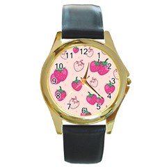 Seamless-strawberry-fruit-pattern-background Round Gold Metal Watch by Vaneshart