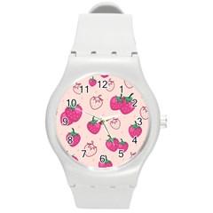 Seamless-strawberry-fruit-pattern-background Round Plastic Sport Watch (m) by Vaneshart