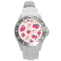 Seamless-strawberry-fruit-pattern-background Round Plastic Sport Watch (l) by Vaneshart