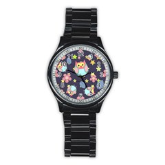 Owl Stars Pattern Background Stainless Steel Round Watch by Vaneshart