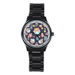 Owl stars pattern background Stainless Steel Round Watch Front