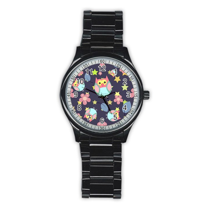 Owl stars pattern background Stainless Steel Round Watch