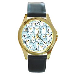 Penguins Pattern Round Gold Metal Watch by Vaneshart