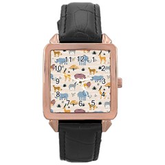 Wild animals seamless pattern Rose Gold Leather Watch 