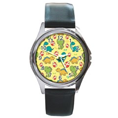 Seamless Pattern With Cute Dinosaurs Character Round Metal Watch by Vaneshart