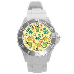 Seamless Pattern With Cute Dinosaurs Character Round Plastic Sport Watch (l) by Vaneshart