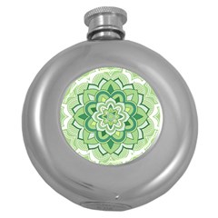 Floral-green-mandala-white Round Hip Flask (5 Oz) by Vaneshart