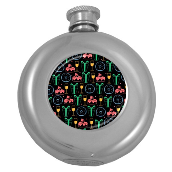 Hand-drawn-happy-birthday-pattern-background Round Hip Flask (5 oz)