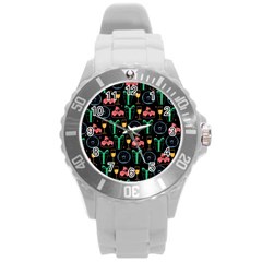 Hand-drawn-happy-birthday-pattern-background Round Plastic Sport Watch (l) by Vaneshart