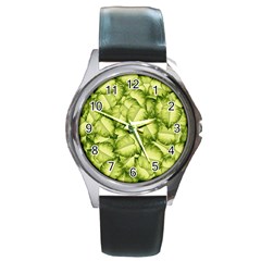 Seamless Pattern With Green Leaves Round Metal Watch by Vaneshart