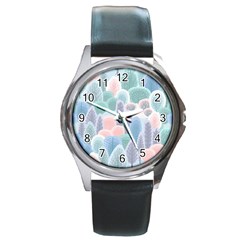 Abstract-seamless-pattern-with-winter-forest-background Round Metal Watch by Vaneshart