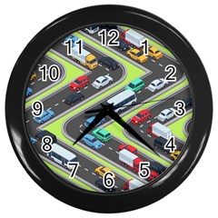 Urban-cars-seamless-texture-isometric-roads-car-traffic-seamless-pattern-with-transport-city-vector- Wall Clock (black) by Vaneshart