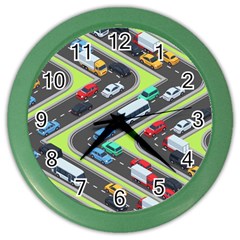 Urban-cars-seamless-texture-isometric-roads-car-traffic-seamless-pattern-with-transport-city-vector- Color Wall Clock by Vaneshart