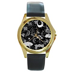 Vector-set-sketch-drawn-with-space Round Gold Metal Watch by Vaneshart