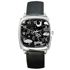 Vector-set-sketch-drawn-with-space Square Metal Watch by Vaneshart