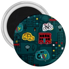 Seamless-pattern-hand-drawn-with-vehicles-buildings-road 3  Magnets by Vaneshart