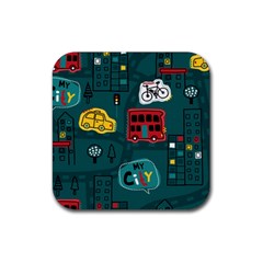 Seamless-pattern-hand-drawn-with-vehicles-buildings-road Rubber Coaster (square)  by Vaneshart