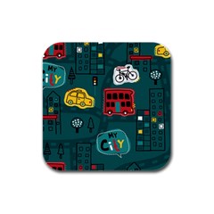 Seamless-pattern-hand-drawn-with-vehicles-buildings-road Rubber Square Coaster (4 Pack)  by Vaneshart