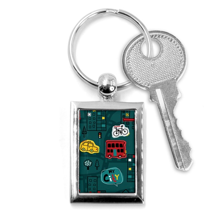 Seamless-pattern-hand-drawn-with-vehicles-buildings-road Key Chain (Rectangle)