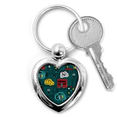 Seamless-pattern-hand-drawn-with-vehicles-buildings-road Key Chain (heart) by Vaneshart