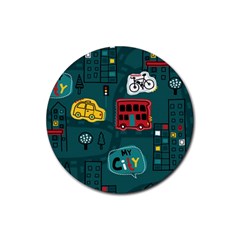 Seamless-pattern-hand-drawn-with-vehicles-buildings-road Rubber Round Coaster (4 Pack)  by Vaneshart