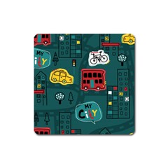 Seamless-pattern-hand-drawn-with-vehicles-buildings-road Square Magnet by Vaneshart