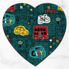 Seamless-pattern-hand-drawn-with-vehicles-buildings-road Jigsaw Puzzle (heart) by Vaneshart