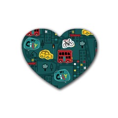 Seamless-pattern-hand-drawn-with-vehicles-buildings-road Heart Coaster (4 Pack)  by Vaneshart