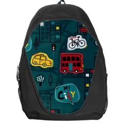 Seamless-pattern-hand-drawn-with-vehicles-buildings-road Backpack Bag by Vaneshart