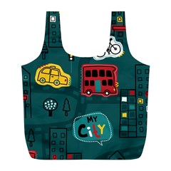 Seamless-pattern-hand-drawn-with-vehicles-buildings-road Full Print Recycle Bag (l) by Vaneshart