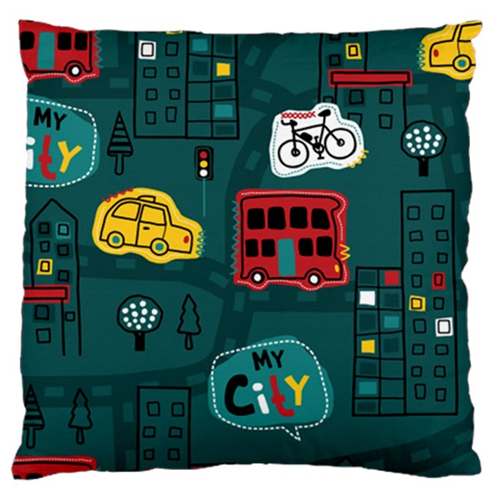 Seamless-pattern-hand-drawn-with-vehicles-buildings-road Large Flano Cushion Case (Two Sides)