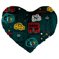 Seamless-pattern-hand-drawn-with-vehicles-buildings-road Large 19  Premium Flano Heart Shape Cushions by Vaneshart