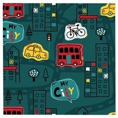 Seamless-pattern-hand-drawn-with-vehicles-buildings-road Wooden Puzzle Square by Vaneshart