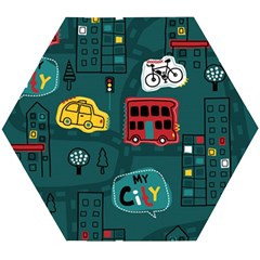 Seamless-pattern-hand-drawn-with-vehicles-buildings-road Wooden Puzzle Hexagon by Vaneshart