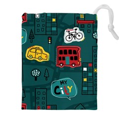 Seamless-pattern-hand-drawn-with-vehicles-buildings-road Drawstring Pouch (5xl) by Vaneshart