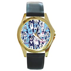 Dogs-seamless-pattern Round Gold Metal Watch by Vaneshart