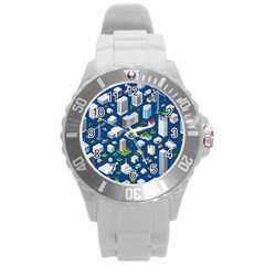 Isometric-seamless-pattern-megapolis Round Plastic Sport Watch (l) by Vaneshart