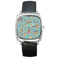 Seamless-pattern-musical-instruments-notes-headphones-player Square Metal Watch by Vaneshart