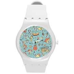 Seamless-pattern-musical-instruments-notes-headphones-player Round Plastic Sport Watch (m) by Vaneshart