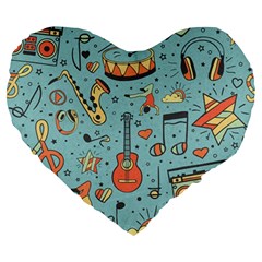 Seamless-pattern-musical-instruments-notes-headphones-player Large 19  Premium Heart Shape Cushions by Vaneshart