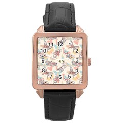 Pattern-with-hand-drawn-butterflies Rose Gold Leather Watch  by Vaneshart