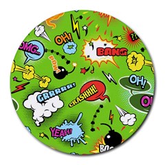 Modern-comics-background-pattern-with-bombs-lightening-jagged-clouds-speech-bubbles Round Mousepads by Vaneshart