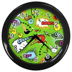 Modern-comics-background-pattern-with-bombs-lightening-jagged-clouds-speech-bubbles Wall Clock (black) by Vaneshart