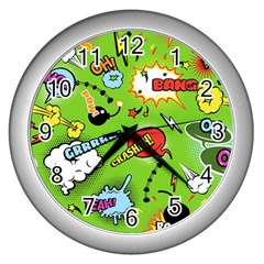 Modern-comics-background-pattern-with-bombs-lightening-jagged-clouds-speech-bubbles Wall Clock (silver) by Vaneshart