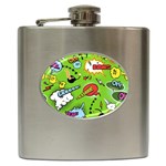 Modern-comics-background-pattern-with-bombs-lightening-jagged-clouds-speech-bubbles Hip Flask (6 oz) Front